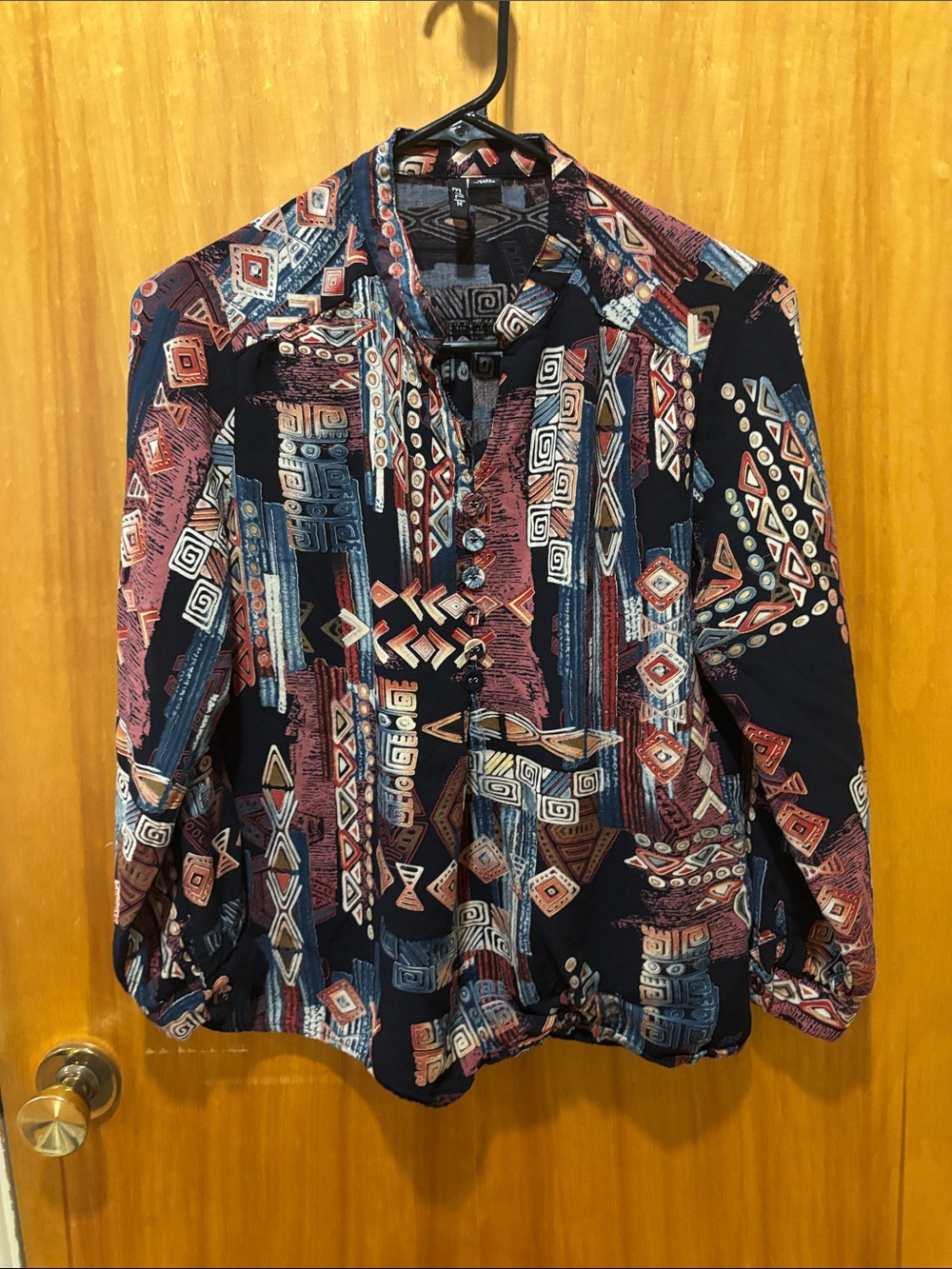 Printed Women's Button-Front Blouse - Navy Multi